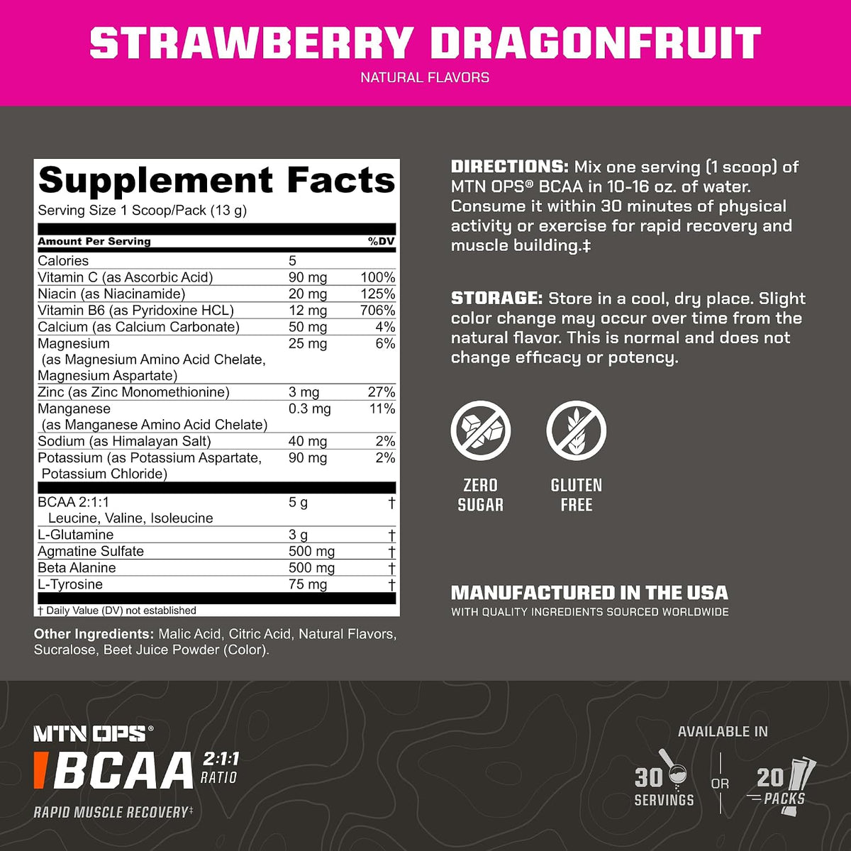 MTN OPS BCAA Powder for Muscle Recovery, Strawberry Dragonfruit