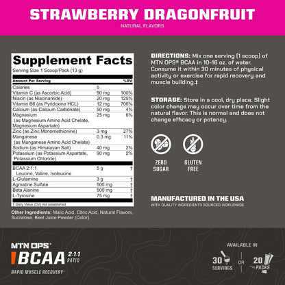 MTN OPS BCAA Powder for Muscle Recovery, Strawberry Dragonfruit