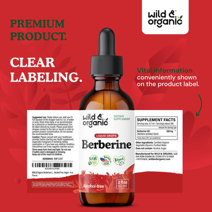 Wild & Organic Berberine Drops - Antioxidant Support - Liquid Berberine HCL 500mg - Add to Tea Supplement - Berberis Aristata Bark Extract - Pure, Vegan, Alcohol & Sugar-Free Tincture - 4 fl oz