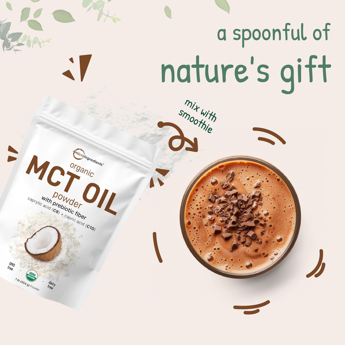 Organic MCT Oil Powder with Prebiotic Fiber,1 Pound(16 Ounce), Fast Fuel for Body and Brain