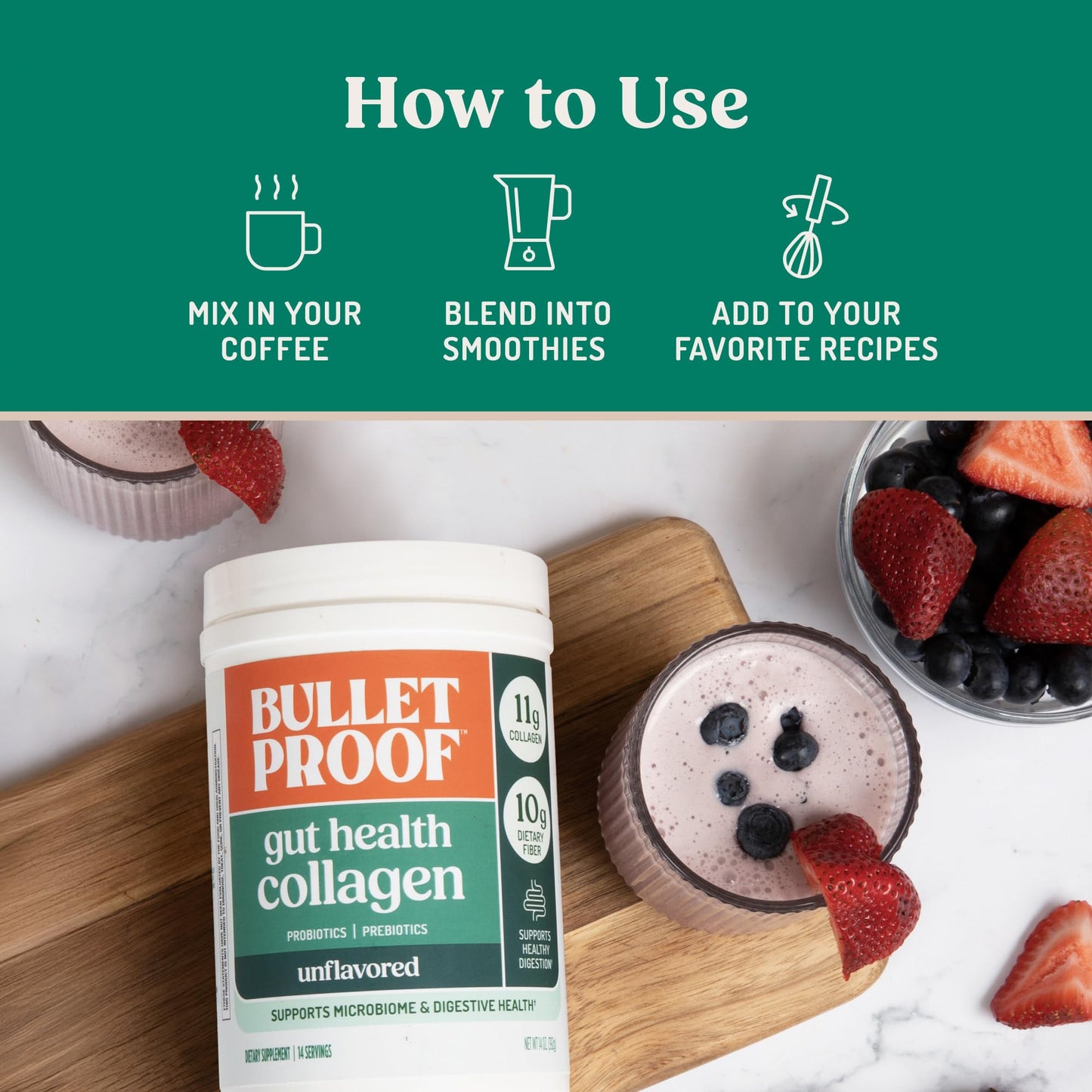 Bulletproof Energy Collagen Protein Powder, Vanilla Bean, 20g Grass-Fed Collagen Peptides, 7g Fiber with MCT Oil & Adaptogens, Caffeine-Free, 18.3 Ounces