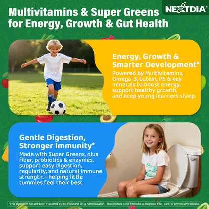 Kids Multivitamin Gummies, 20+ Super Greens Fruit Veggies Supplement Superfood Daily Fiber Gummies for Picky Eater with Probiotics Kids Gummy Vitamins & Minerals for Growth, Gut, Immune Support, 60Cts