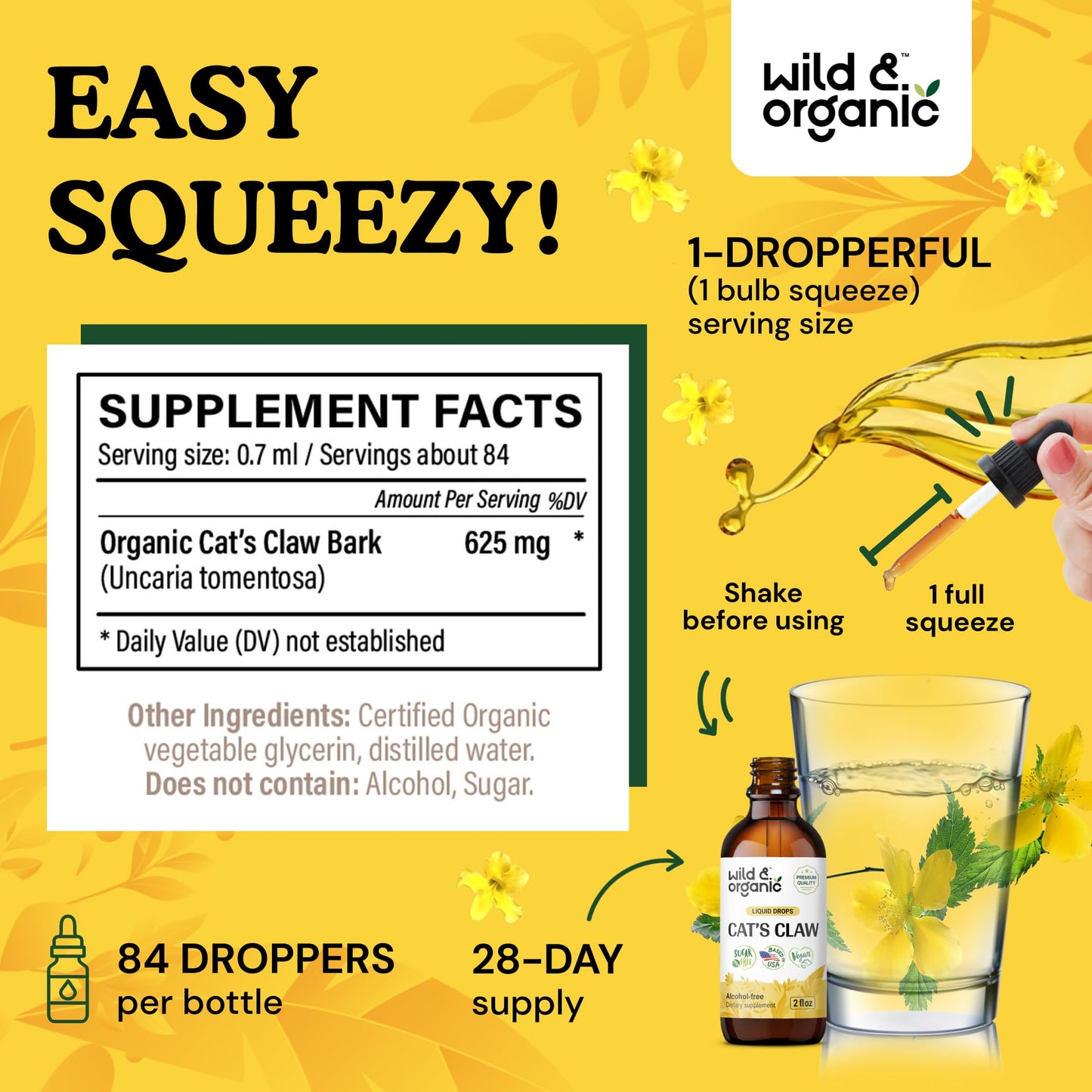 Wild & Organic Cats Claw Herb Supplement - Immune Support - Pure Cats Claw Tincture - Add to Tea Liquid Drops - Uncaria Tomentosa Bark - Vegan, Sugar & Alcohol-Free - 4 fl oz