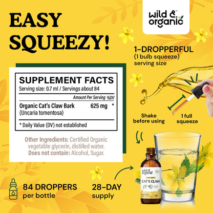 Wild & Organic Cats Claw Herb Supplement - Immune Support - Pure Cats Claw Tincture - Add to Tea Liquid Drops - Uncaria Tomentosa Bark - Vegan, Sugar & Alcohol-Free - 4 fl oz