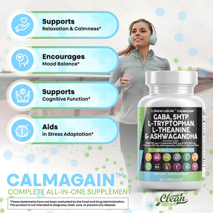 Clean Nutraceuticals GABA 750mg 5 HTP 200mg L Tryptophan 500mg L Theanine 200mg Ashwagandha SAM-e L-Glycine - Mood Support Vitamins for Women and Men with L-Tyrosine 5-HTP (5-Hydroxytryptophan)
