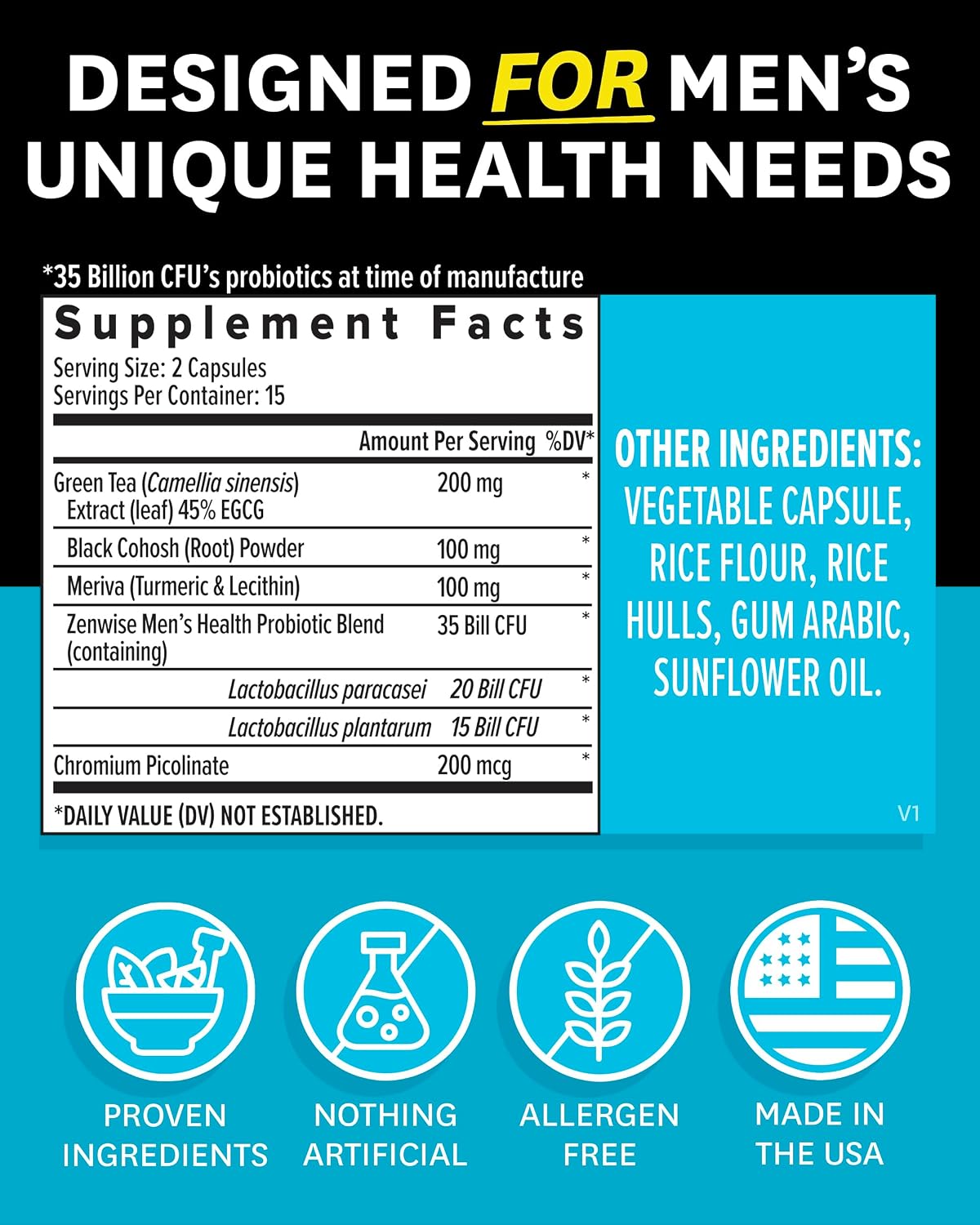 Zenwise Health Probiotics for Men - Gut and Digestive Support - 30 CT | 30 Count, 35 Billion CFU, Prebiotic, Green Tea, Meriva Curcumin, Chromium, Metabolism & Antioxidant Support, Mens Daily