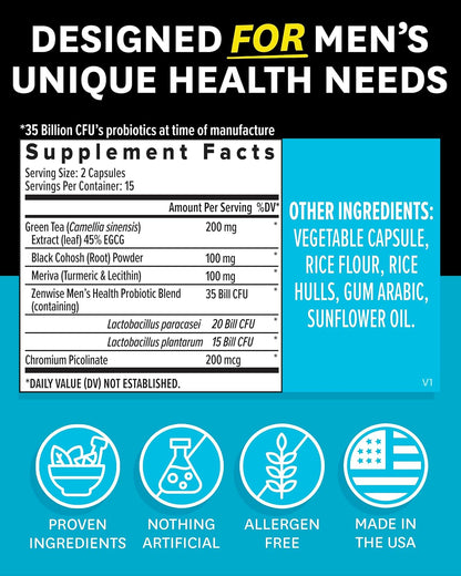 Zenwise Health Probiotics for Men - Gut and Digestive Support - 30 CT | 30 Count, 35 Billion CFU, Prebiotic, Green Tea, Meriva Curcumin, Chromium, Metabolism & Antioxidant Support, Mens Daily