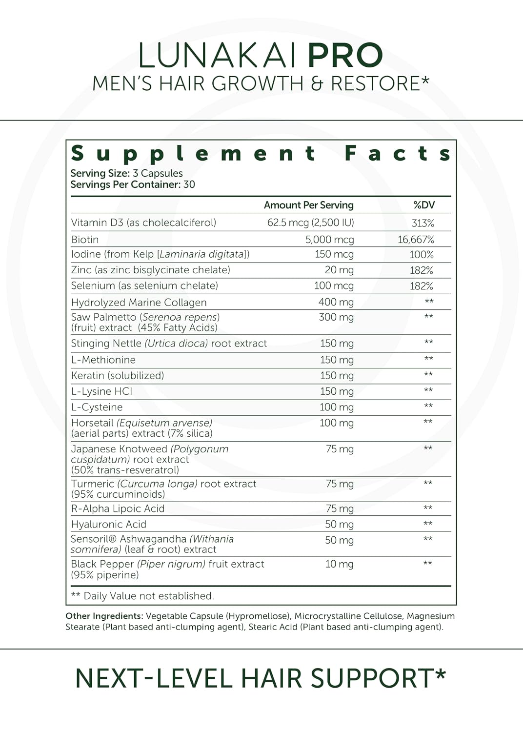 Lunakai USA Made Hair Vitamins for Men - 19 Nutrient with Marine Collagen, Saw Palmetto & Keratin - Daily Hair Loss & Regrowth Support - 90 Capsules