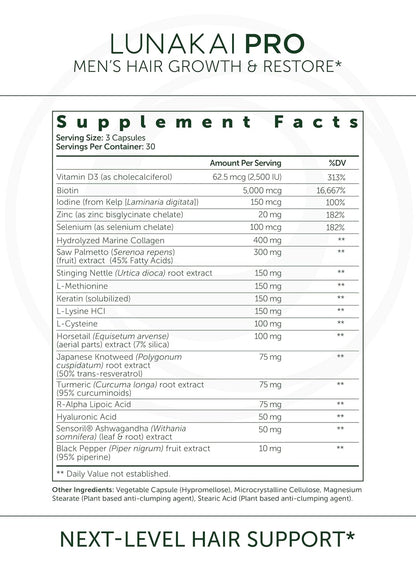 Lunakai USA Made Hair Vitamins for Men - 19 Nutrient with Marine Collagen, Saw Palmetto & Keratin - Daily Hair Loss & Regrowth Support - 90 Capsules