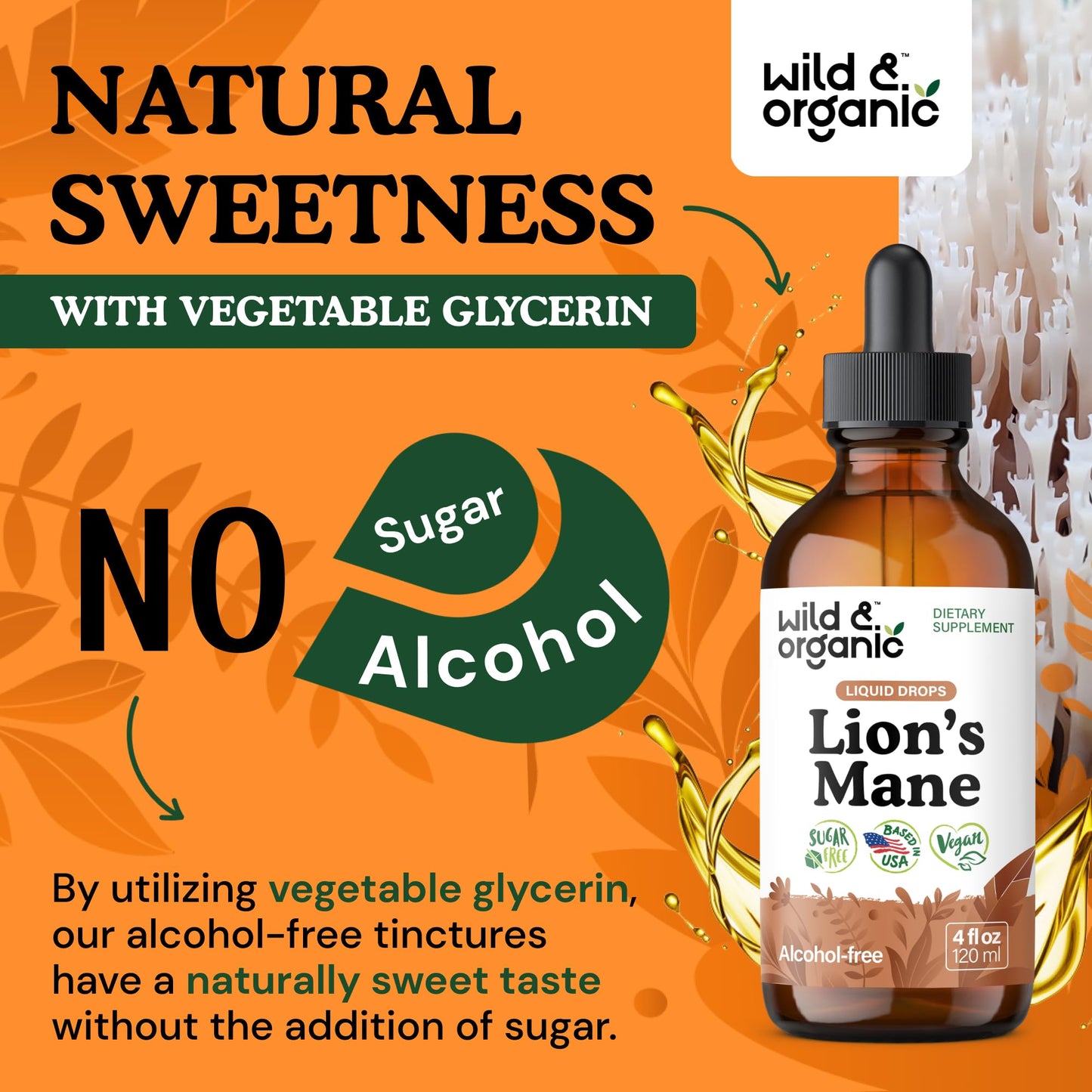 Wild & Organic Lions Mane Liquid Drops - Brain & Focus Support - Lion's Mane Mushroom Supplement - Hericium Erinaceus Mushroom Drops - Mix with Powder - Sugar & Alcohol-Free Extract Tincture - 4 oz