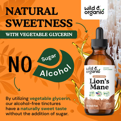 Wild & Organic Lions Mane Liquid Drops - Brain & Focus Support - Lion's Mane Mushroom Supplement - Hericium Erinaceus Mushroom Drops - Mix with Powder - Sugar & Alcohol-Free Extract Tincture - 4 oz
