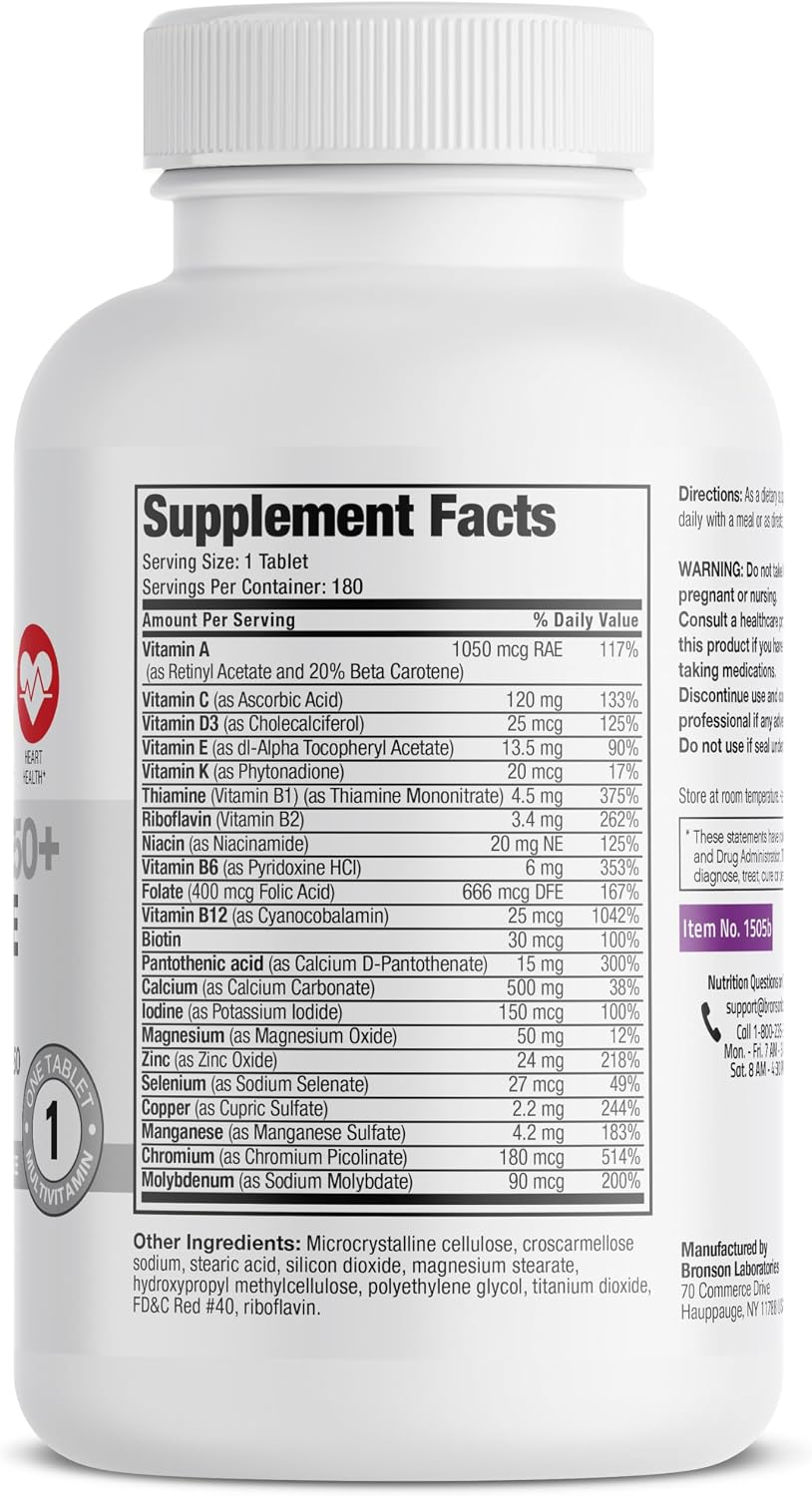 Bronson ONE Daily Women 50+ Complete Multivitamin Multimineral, 180 Tablets | Once-Daily, Targeted Nutrition For Active Women Over 50, Non-GMO, Gluten-Free, Soy-Free