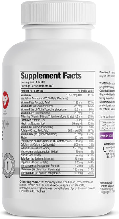 Bronson ONE Daily Women 50+ Complete Multivitamin Multimineral, 180 Tablets | Once-Daily, Targeted Nutrition For Active Women Over 50, Non-GMO, Gluten-Free, Soy-Free