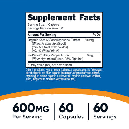 Nutricost KSM-66 Ashwagandha Root Extract (600mg) 60 Capsules | 5% Withanolides & BioPerine, Full-Spectrum Root Extract