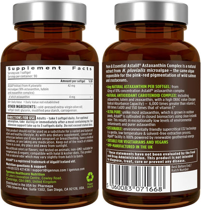 Igennus Vegan Astaxanthin 4mg Complex with Lutein and Zeaxanthin, 90 Small Softgels, from 42 mg Astalif, Natural Algae Antioxidant for Eyes, Skin & Joints, Non-GMO, H. Pluvialis