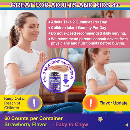 Magnesium Glycinate Gummies for Adults & Kids 4+, Sugar Free Magnesium Bisglycinate Supplement 400/200mg with B6D3, L-Theanine for Sleep & Relaxation, Brain, Muscle, Melatonin Free Gummies,1Pack