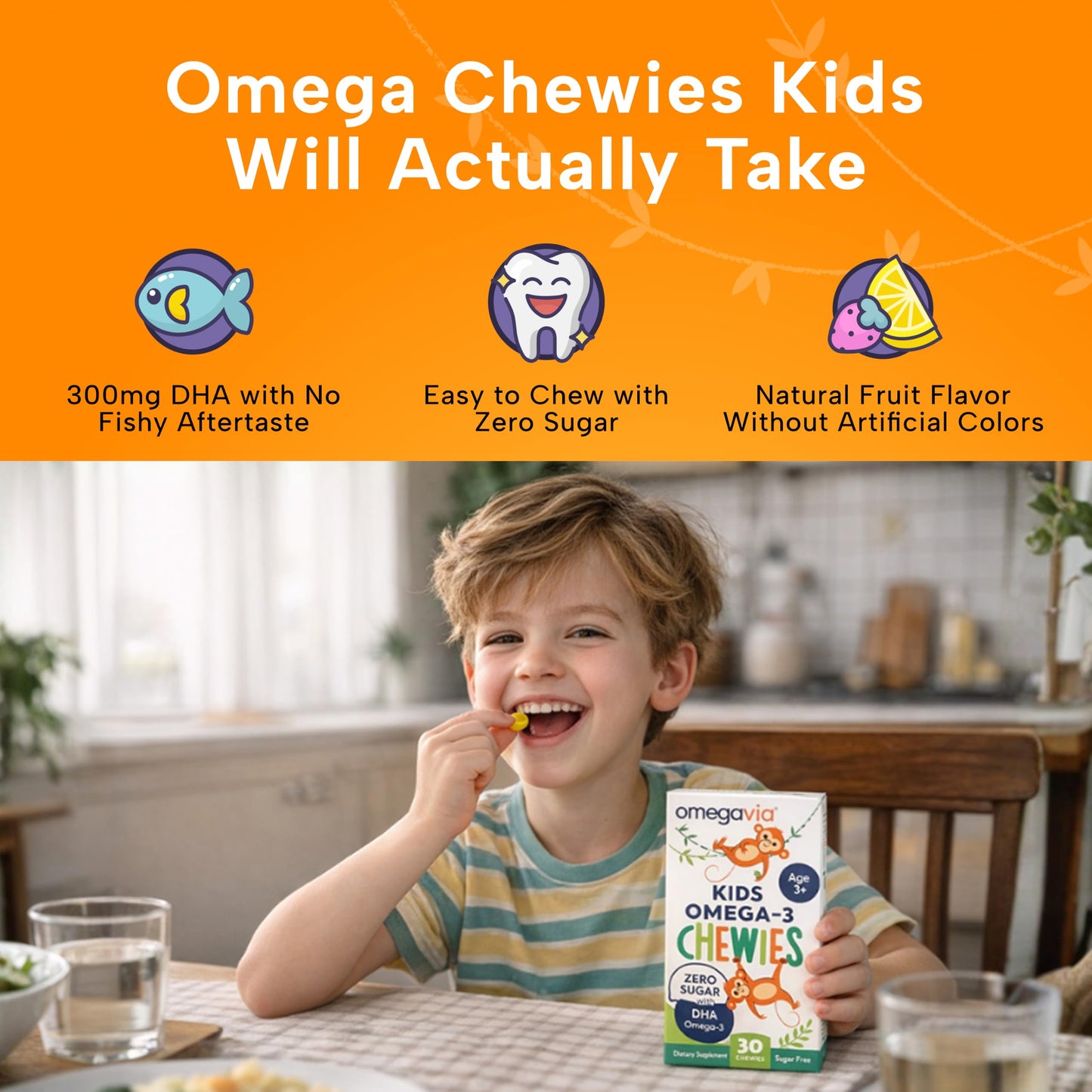OmegaVia Omega 3 Chewies, Daily DHA Chewable Vitamins for Kids, Omega 3 for Ages 3-12 to Support Brain & Eye Health, Sugar-Free Natural Fruit Flavor, Omega 3 Fish Oil, 30 Individual Packets