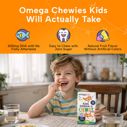 OmegaVia Omega 3 Chewies, Daily DHA Chewable Vitamins for Kids, Omega 3 for Ages 3-12 to Support Brain & Eye Health, Sugar-Free Natural Fruit Flavor, Omega 3 Fish Oil, 30 Individual Packets