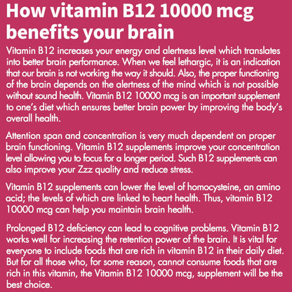 B12 Vitamins 10,000 mcg, Methylated Vitamin B12 Sublingual - Energy Boost, Focus, Metabolism & Brain Health Support, Immune System Support, Fast Dissolve, Natural Strawberry Flavor, 180 Servings