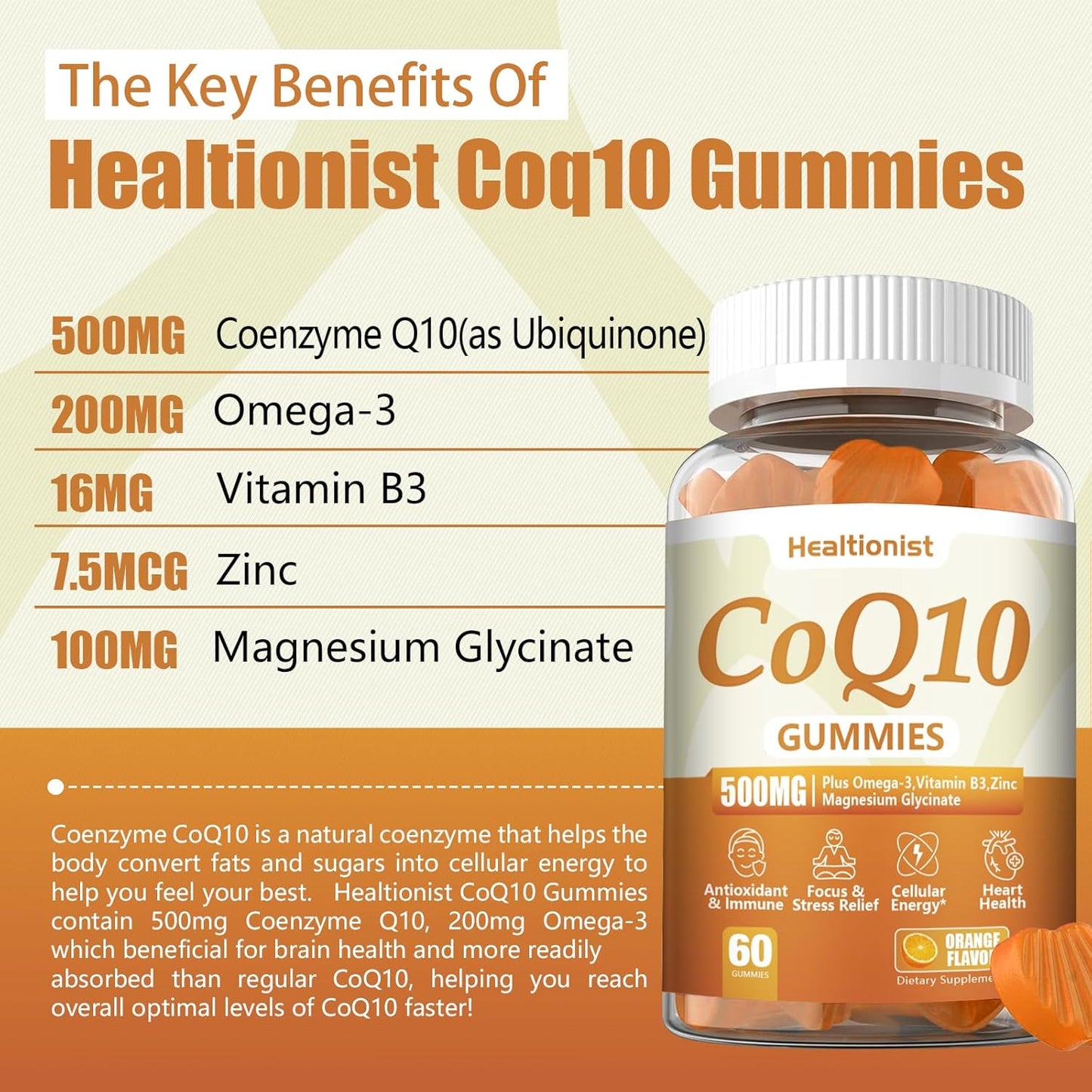 2 Pack 500MG Coq10 Gummies - 3X Better Absorption, Plus Omega-3, Magnesium, Vitamin B3 & Zinc - Coenzyme Q10 Supplements for Heart Health, Cellular Energy & Antioxidant, Vegan, 120 Counts