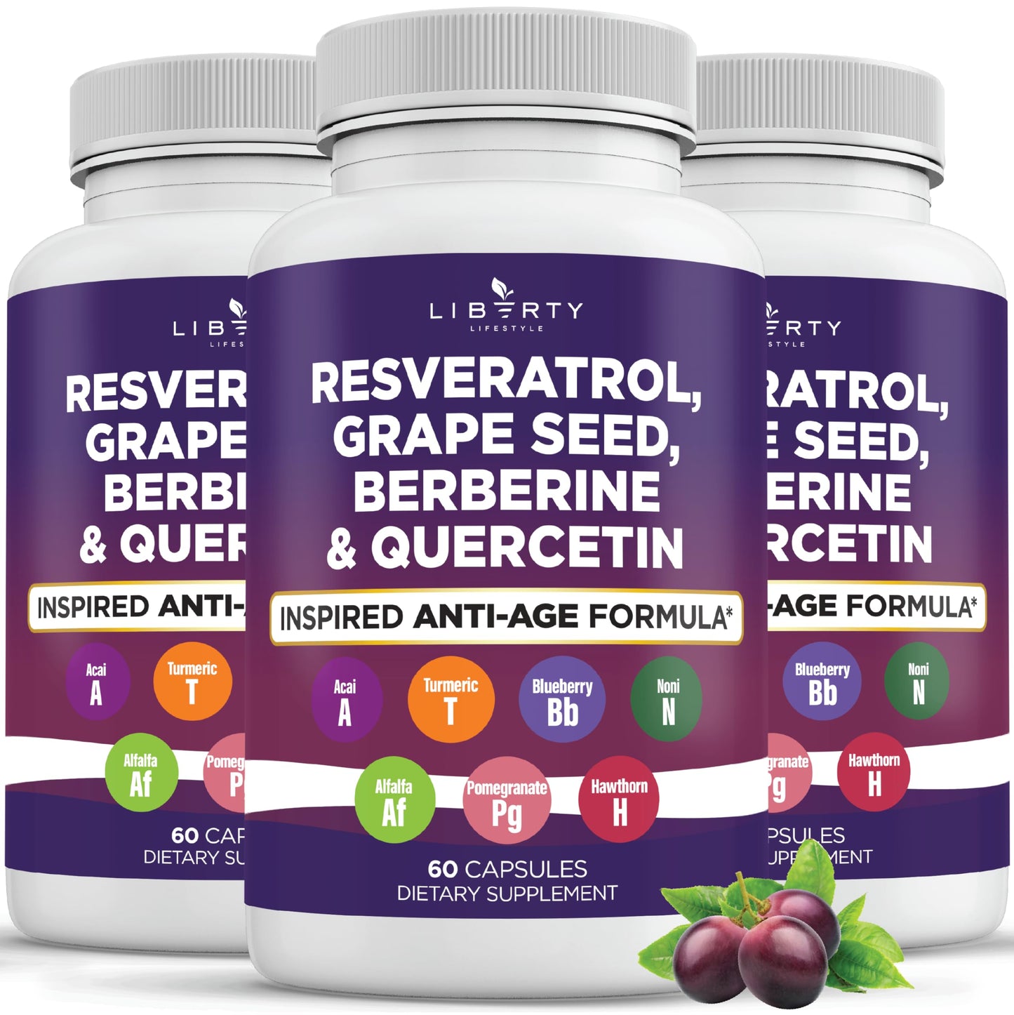 Liberty Lifestyle Resveratrol, Berberine, Grape Seed Extract, Quercetin, Polyphenol Supplement for Women and Men with Noni Extract, N-Acetyl Cysteine, Acai Extract - 2-Pack