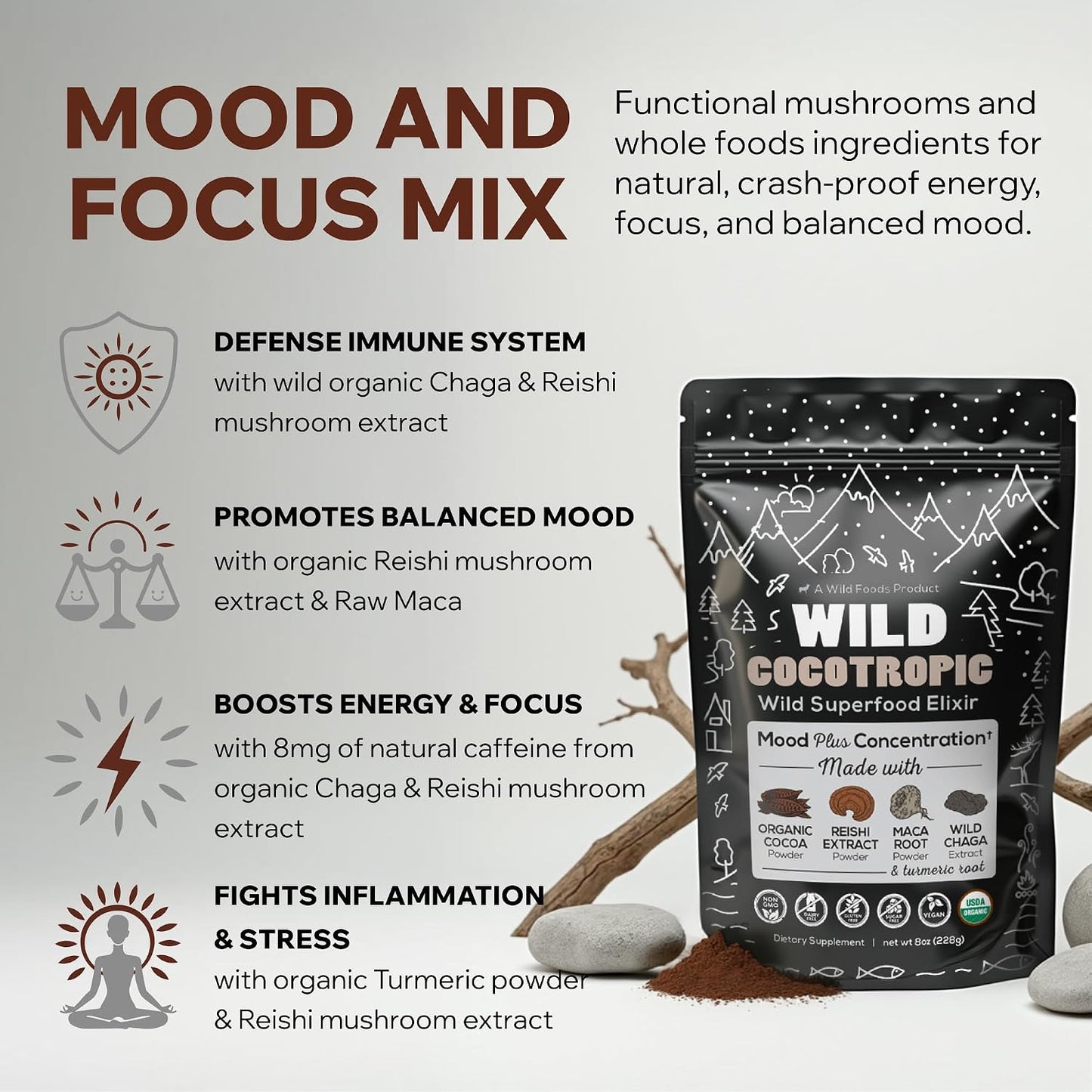 Cocotropic Organic Mushroom Cacao Mix (16oz) & Collagen Peptides (16oz) Bundle for Skin, Hair, and Joint Support
