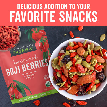Viva Naturals Organic Dried Goji Berries, 1 lb (454 g) – Non-GMO, Vegan Wolfberries, Perfect for Goji Berry Tea, Smoothies, Baking & Snacking