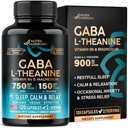 GABA L-Theanine 900 mg - Magnesium | Vitamin B6 - Calm, Sleep, Relaxation & Mood Support - Lab Tested - 750 mg Gamma AminoButyric Acid, 150 mg L-Theanine - Non-Habit Forming, Vegan - 120 Capsules