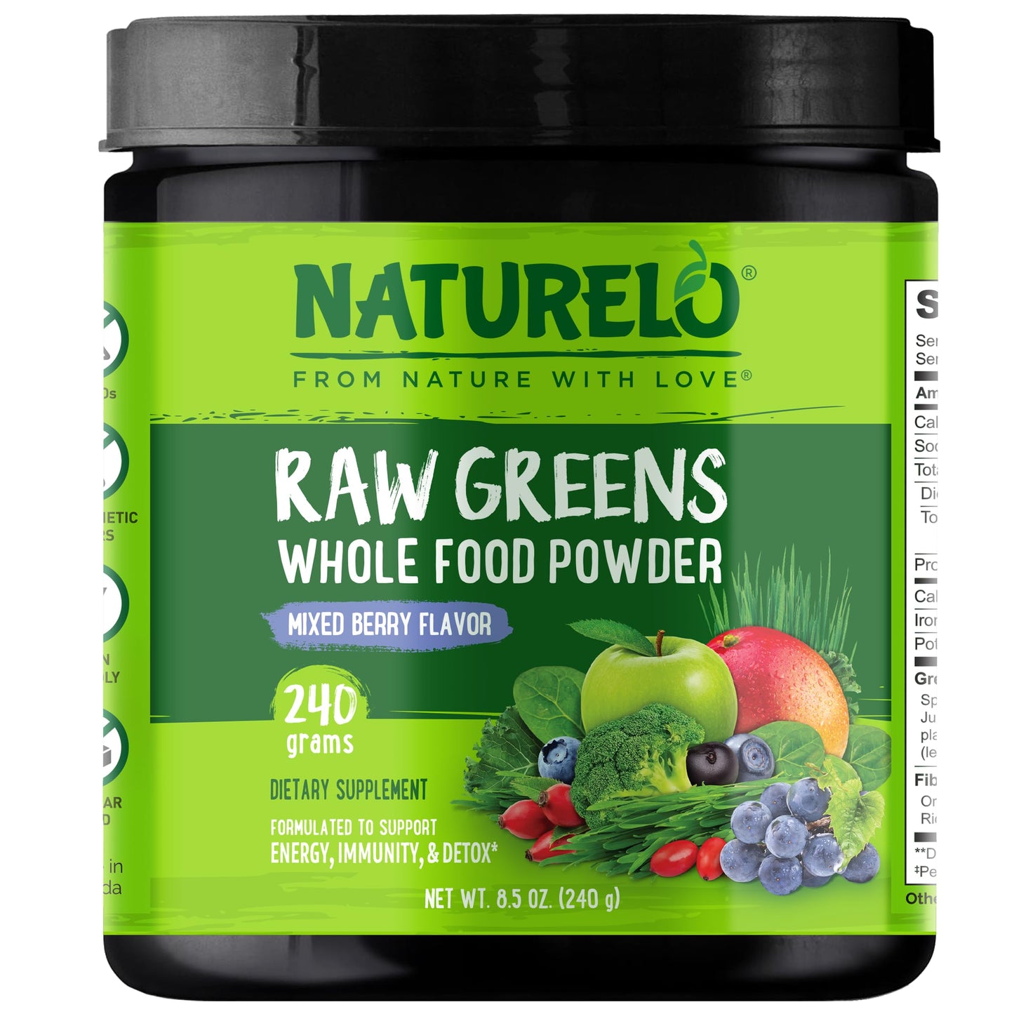NATURELO Raw Greens Superfood Powder 480 Grams, Mixed Berry - Supports Energy, Immunity and Detox - Includes Spirulina, Wheat Grass and Organic Greens for Whole Food Nutrition