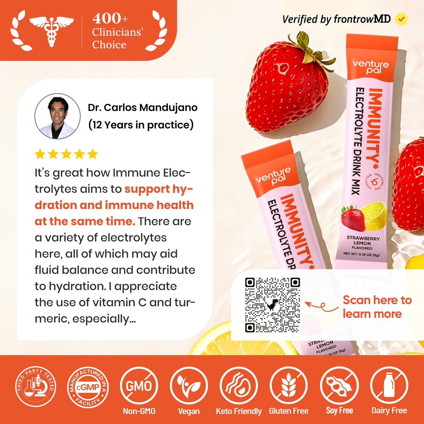 Venture Pal Sugar Free Hydration Packets+Immune-Liquid Daily IV Drink Mix | Electrolyte Powder with 7 Electrolytes & 6 Vitamins, Probiotics + Elderberry | Non-GMO, Keto Friendly, Vegan | 16 Sticks