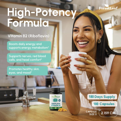 ForestLeaf Vitamin B2 Riboflavin 400mg - Energy, Skin & Cellular Health Supplement - Nervous System Support - Vitamin B 2 VIT B - Non-GMO & Gluten Free - B2 Vitamin 400mg Vegetable Capsules, 90 Count
