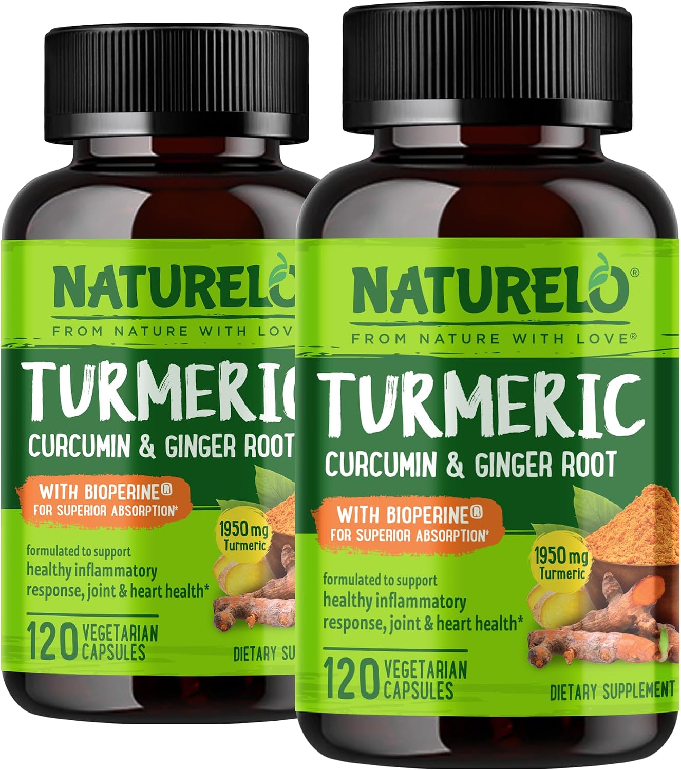 NATURELO Turmeric Curcumin - BioPerine for Better Absorption - Black Pepper, Ginger Root, Curcuminoids - Plant-Based Joint Discomfort Support - 120 Vegan Capsules (Pack of 2)
