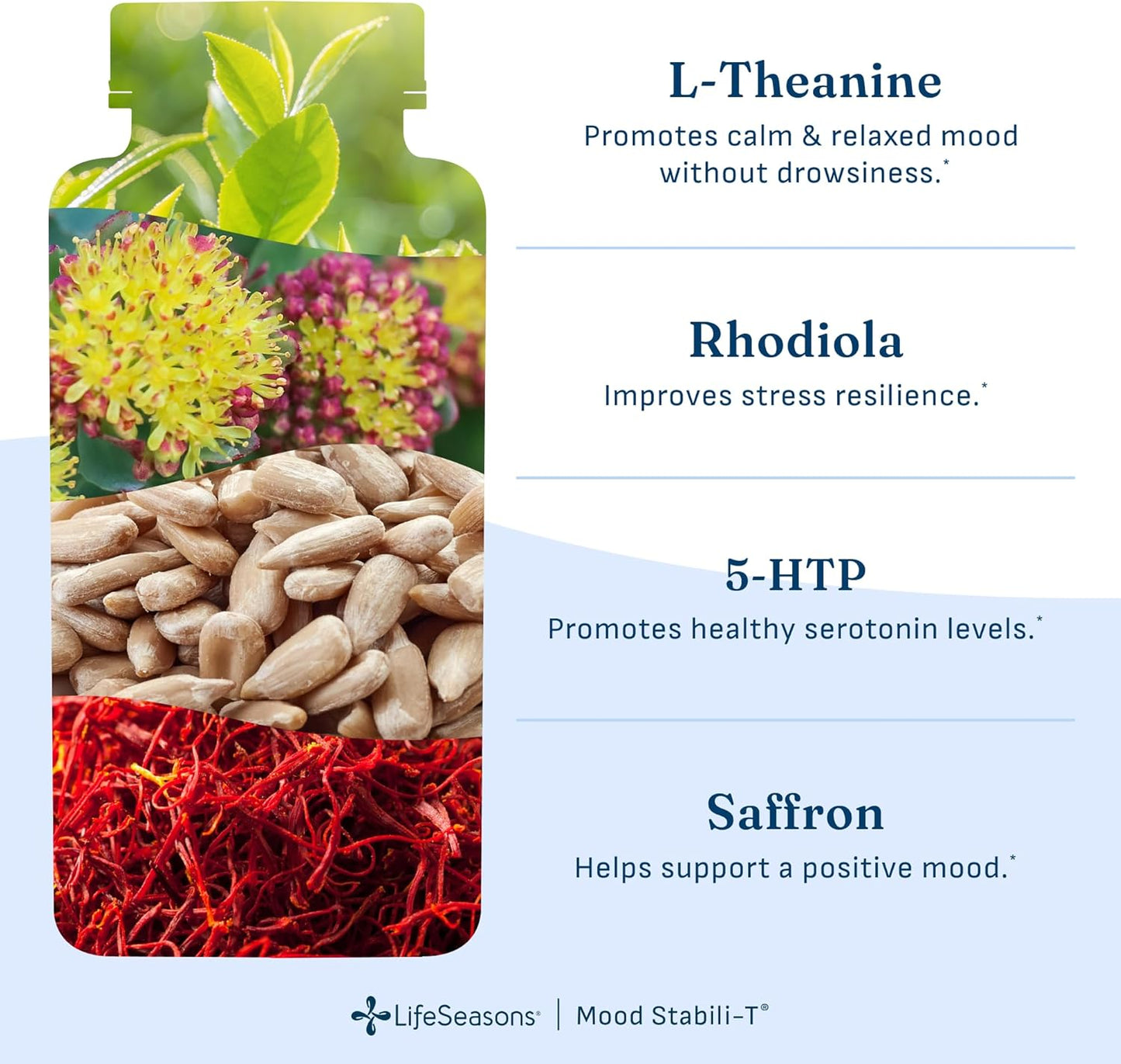 LifeSeasons Mood Stabili-T Emotional Support & Balance Supplement with Saffron, Rhodiola, L-Theanine, 5-HTP & Ginkgo – Calm Focus, Stress Support & Positive Mood – 60 Veg Capsules