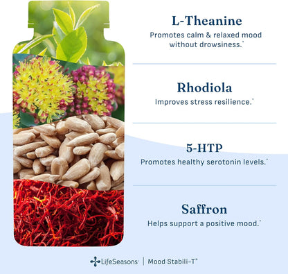 LifeSeasons Mood Stabili-T Emotional Support & Balance Supplement with Saffron, Rhodiola, L-Theanine, 5-HTP & Ginkgo – Calm Focus, Stress Support & Positive Mood – 60 Veg Capsules