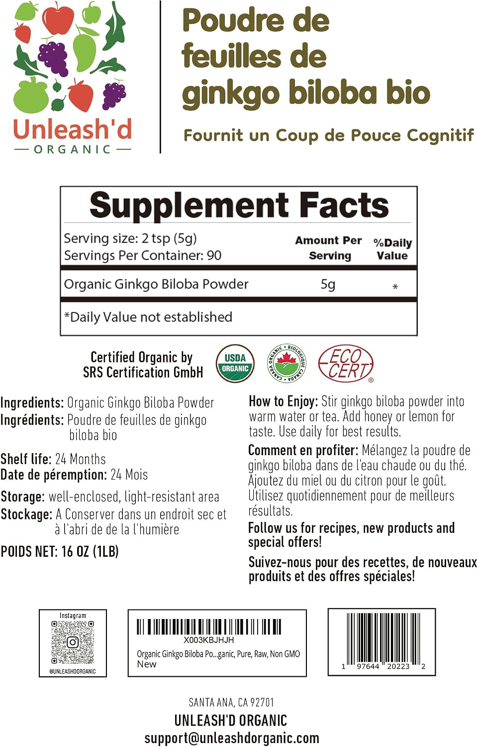 UNLEASH'D ORGANIC Organic Ginkgo Biloba Powder 16 oz, 100% Pure, Vegan, Raw, Non-GMO, Nutrient-Rich Superfood