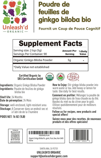 UNLEASH'D ORGANIC Organic Ginkgo Biloba Powder 16 oz, 100% Pure, Vegan, Raw, Non-GMO, Nutrient-Rich Superfood