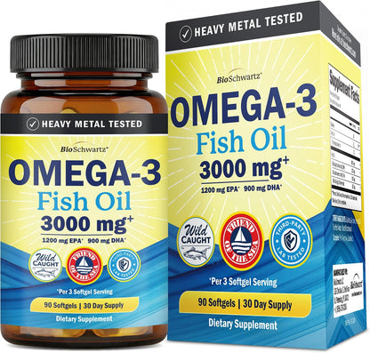 Triple Strength Omega 3 Fish Oil 3000mg for Women and Men, 90 Softgels