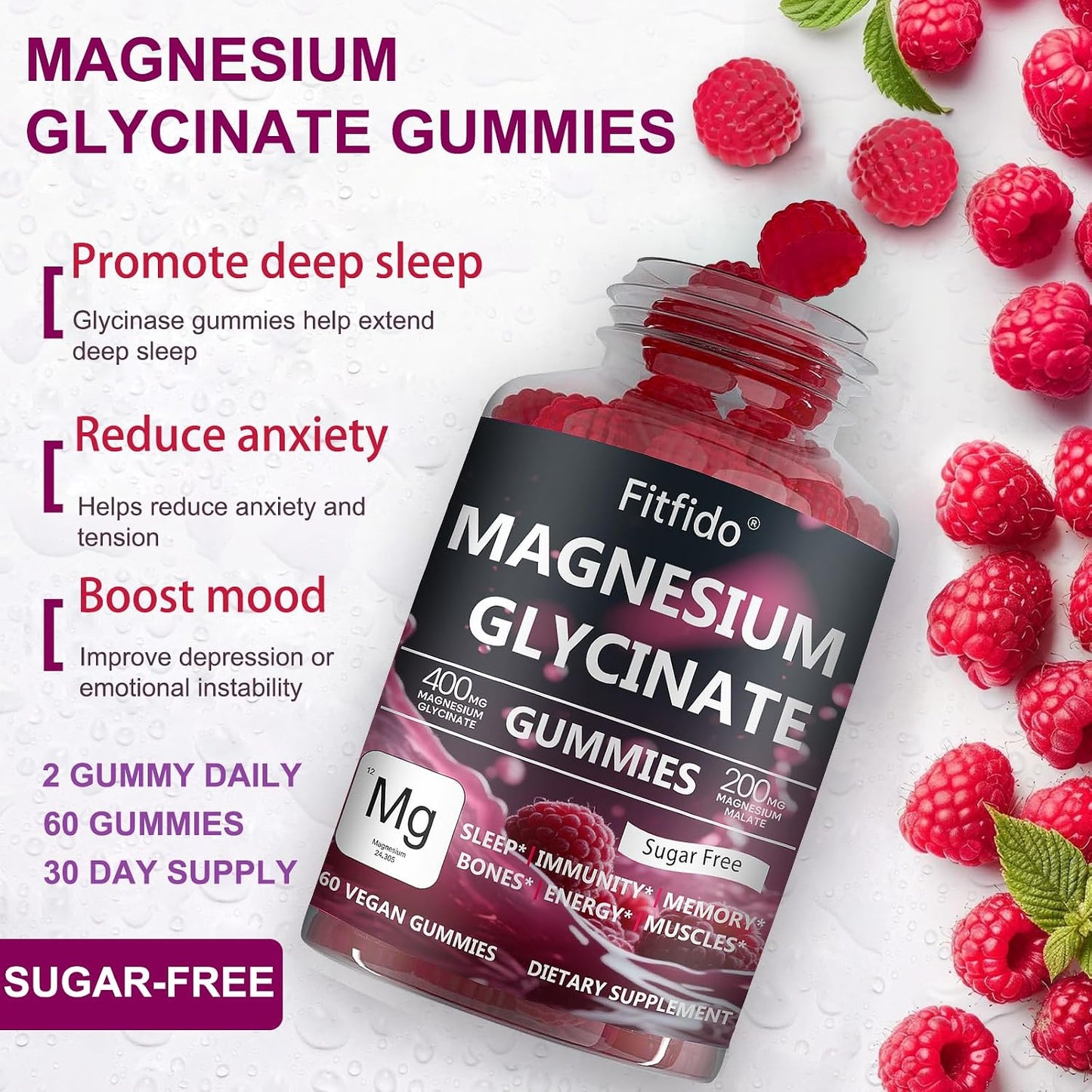 Magnesium Glycinate Gummies 400mg, Sugar Free, 60 Count | Magnesium Glycinate, Daily Wellness, Relaxation & Muscle Support, No Melatonin, Sugar Free, Vegan, Raspberry