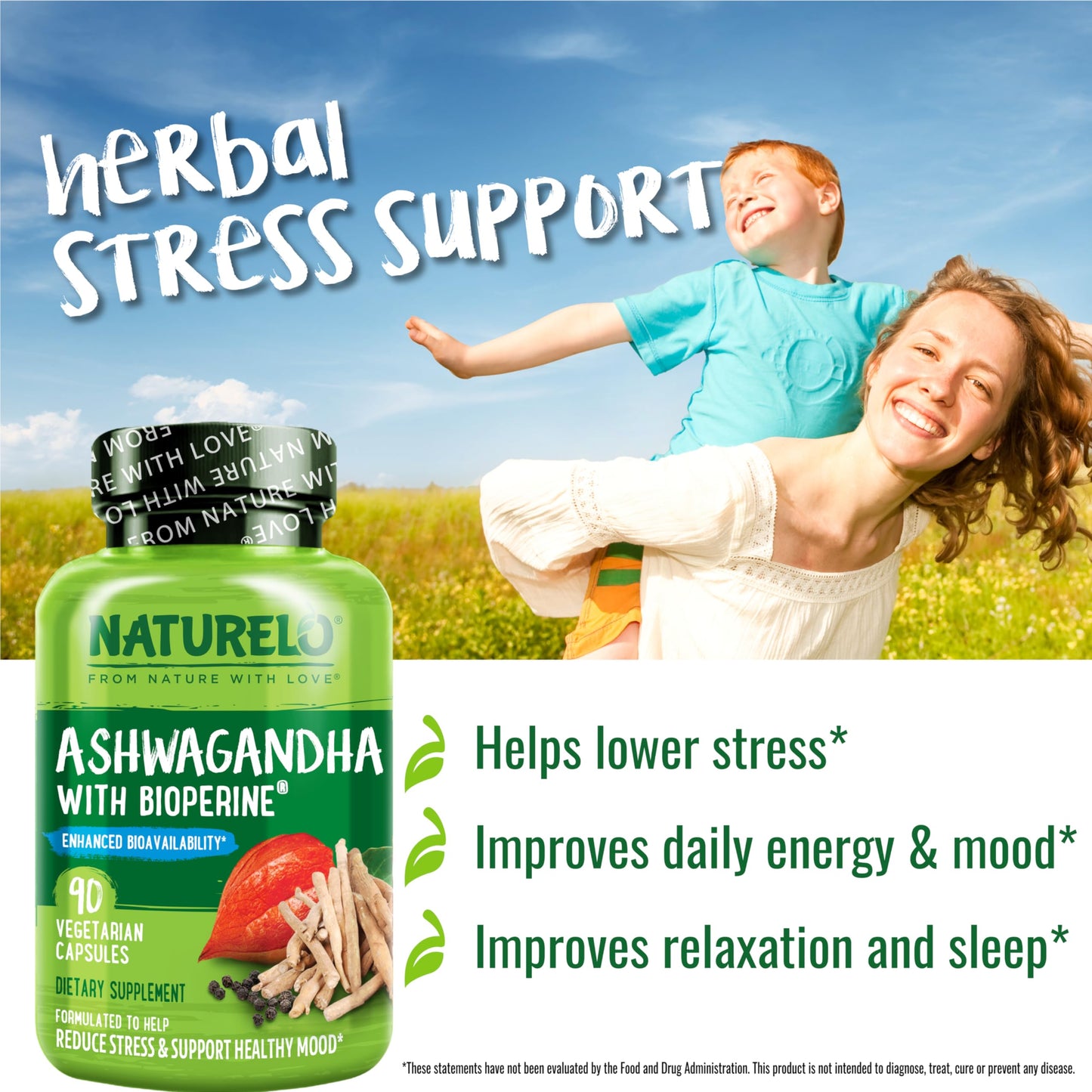 NATURELO Ashwagandha Organic Root Powder - Natural Herbs Supplement for Fatigue, Stress Relief, Mood Enhancer - with Black Pepper Extract - 90 Vegan Capsules