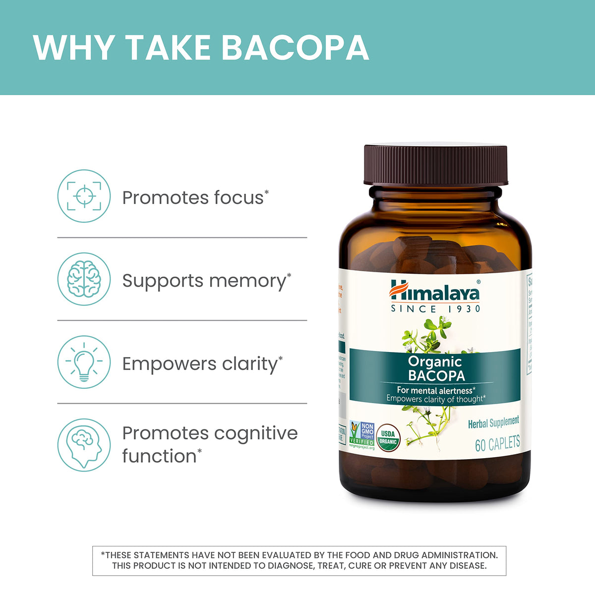 Himalaya USDA Organic Bacopa Monnieri Supplement,750 mg,60 Caplets