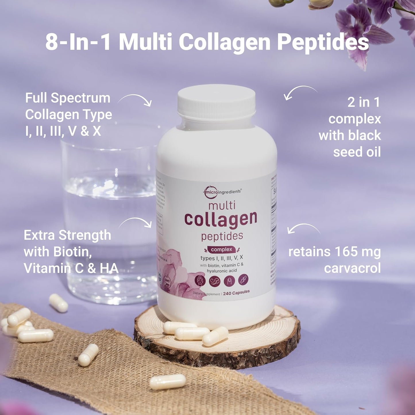 Micro Ingredients 8-in-1 Multi Collagen Pills & Mega Probiotics 200 Billion CFU Veggie Capsules | 2 Pack Bundle | Hydrolyzed Peptides + Hyaluronic Acid & Vitamin C | 40 Strains + Inulin & Bromelain