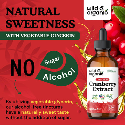 Wild & Organic Cranberry Concentrate Liquid Drops - Urinary Tract Support with Cranberry Supplement for Women & Men - 500 mg Extract per Serving - Vegan, Sugar & Alcohol-Free - 4 fl oz