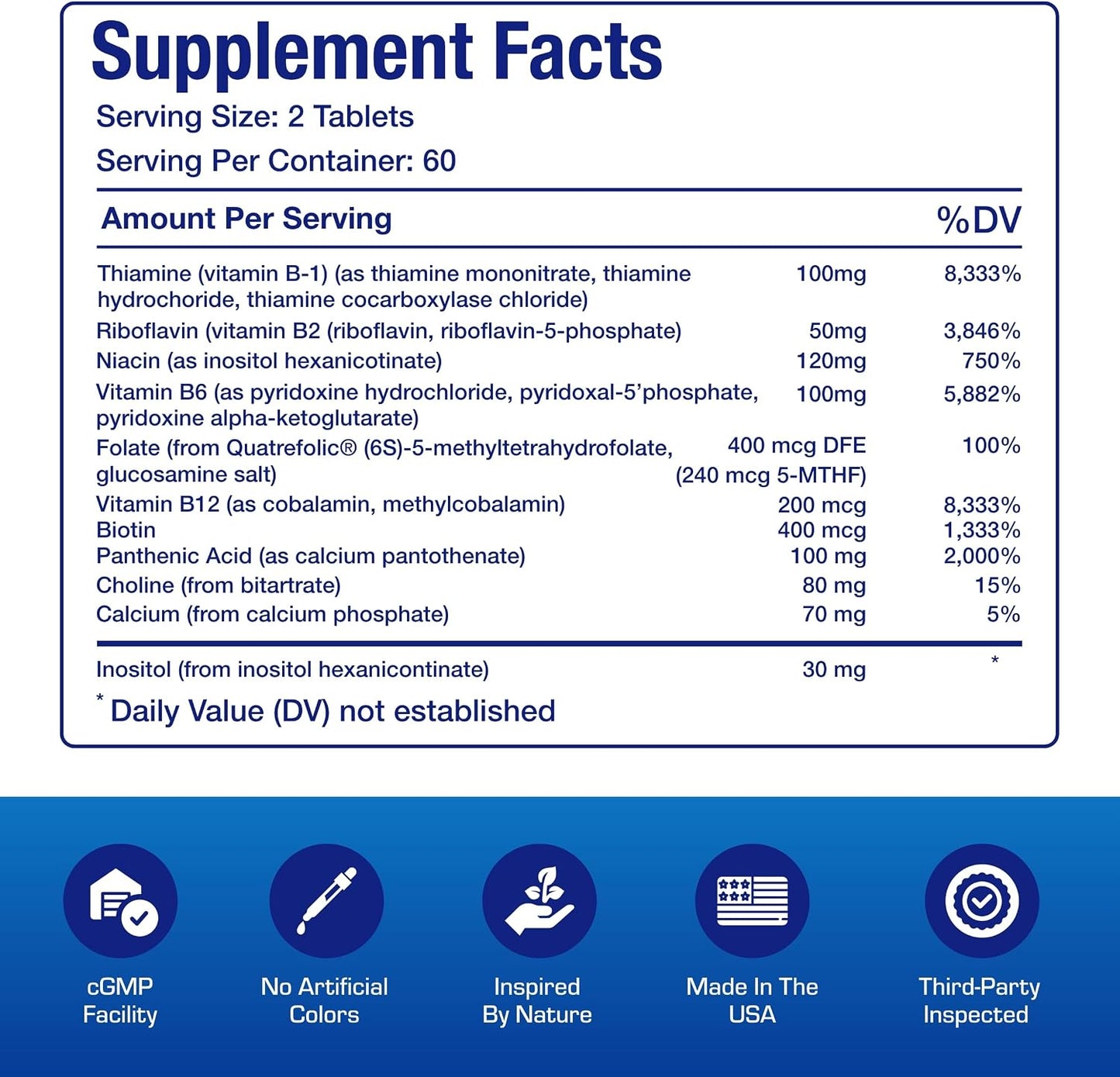 Super B Complex Methylated & Time Released - Bio Active B Complex Vitamin Supplement with Choline Inositol & 8 B Vitamins for Nervous System and Energy Metabolism Support - 2 Month Supply