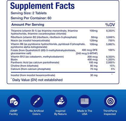 Super B Complex Methylated & Time Released - Bio Active B Complex Vitamin Supplement with Choline Inositol & 8 B Vitamins for Nervous System and Energy Metabolism Support - 2 Month Supply