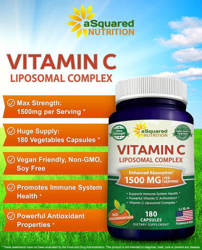 aSquared Nutrition Vitamin C Liposomal Complex - 1500mg Supplement - 180 Capsules - High Absorption VIT C Ascorbic Acid Pills - Supports Immune System & Collagen Health - 90 Servings