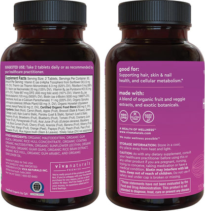 Biotin 5000 mcg Hair Skin Nails Vitamins for Women – Organic and Vegetarian-Friendly Supplement with Vitamin E, B-Vitamins, Spirulina, Horsetail and Superfood Blend to help Produce Keratin –120 Count