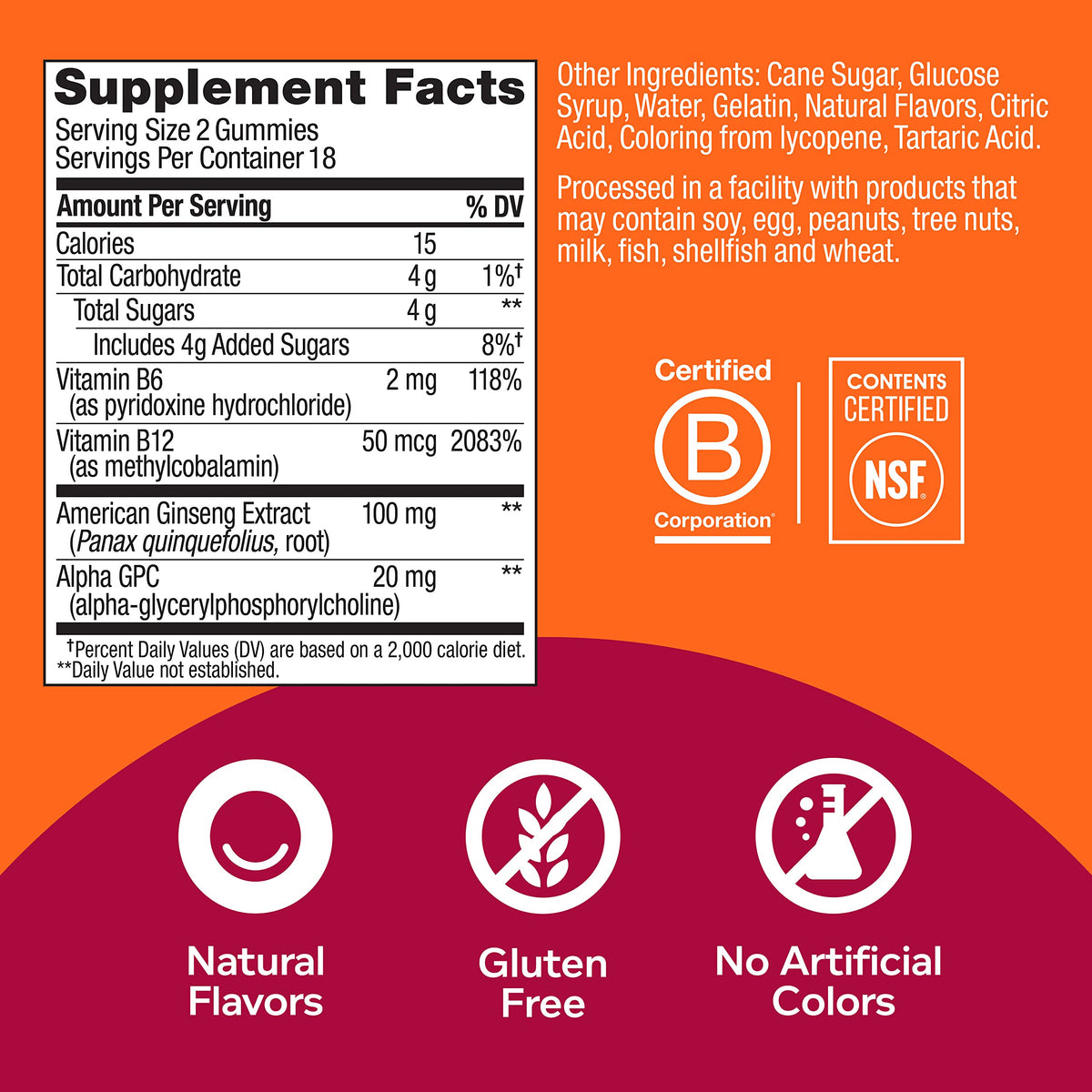 OLLY Laser Focus Gummy, Ginseng, Alpha GPC, B Vitamins, Berry Tangerine Flavor