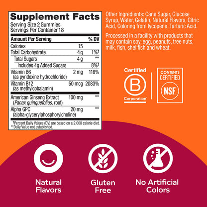 OLLY Laser Focus Gummy, Ginseng, Alpha GPC, B Vitamins, Berry Tangerine Flavor