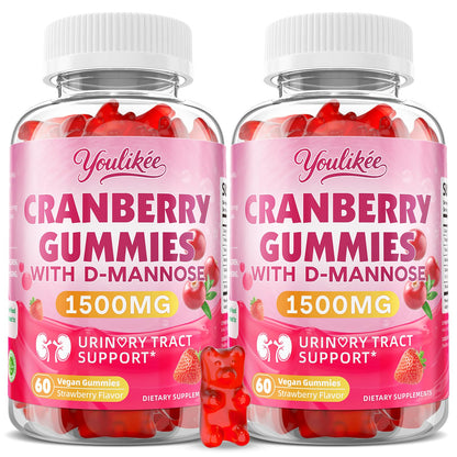 Vegan Cranberry Gummies 1500mg with D Mannose, Strawberry Flavor, 60 Count | Supports Urinary Tract Health for Women & Men, Sugar-free, Non-GMO and Gluten Free