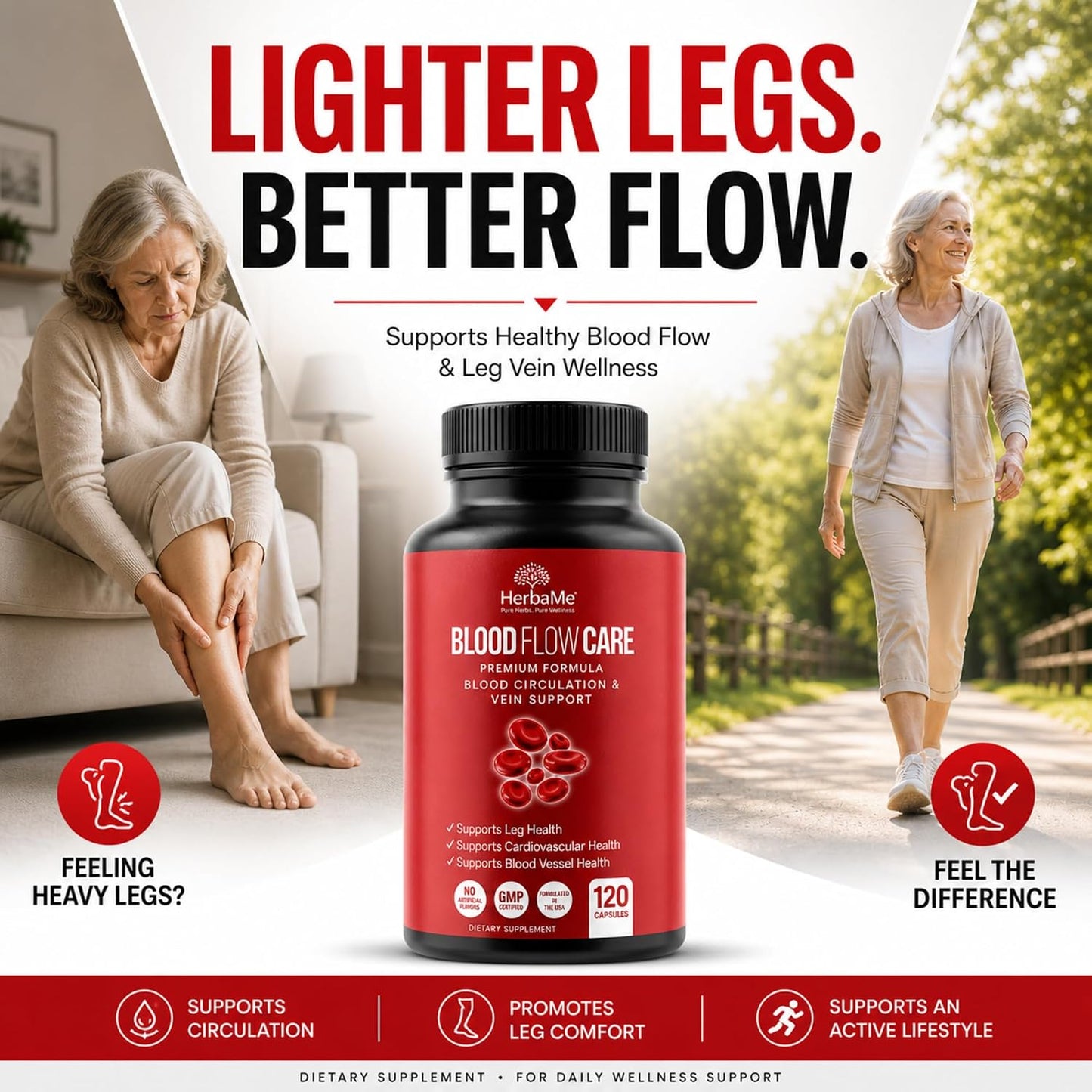 HerbaMe Blood Circulation Supplement, 120 Capsules, Supports Healthy Blood Flow & Leg Vein Wellness with Niacin, L-Arginine, Hawthorn, Ginger, Cayenne, Diosmin & Horse Chestnut